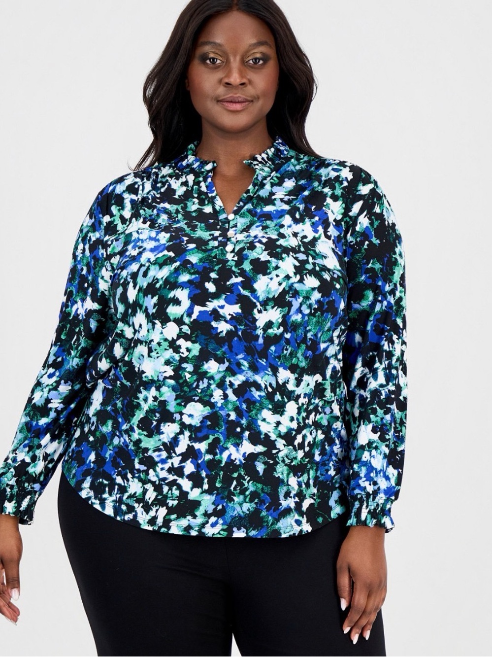 Anne Klein Blue & Teal Abstract Floral Blouse